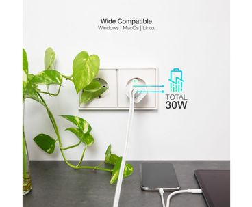 CARGADOR PARED/VIAJE GaN USB-C/PD + USB-A/QC 30W BLANCO TOOQ